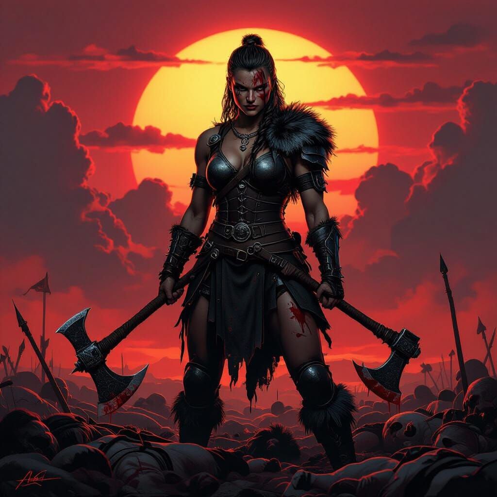 Viking Warrior Silhouette with Axe, Hyperrealistic Art