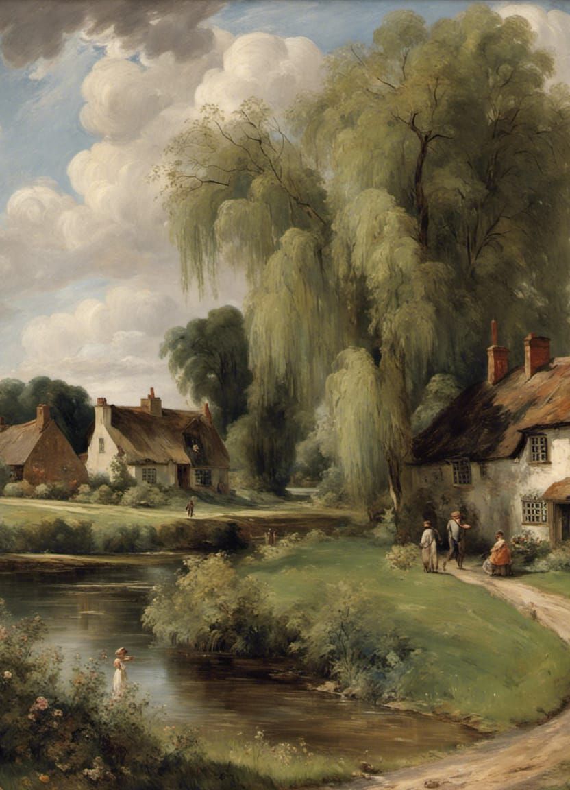 Idyllic River Landscape with Willow Trees