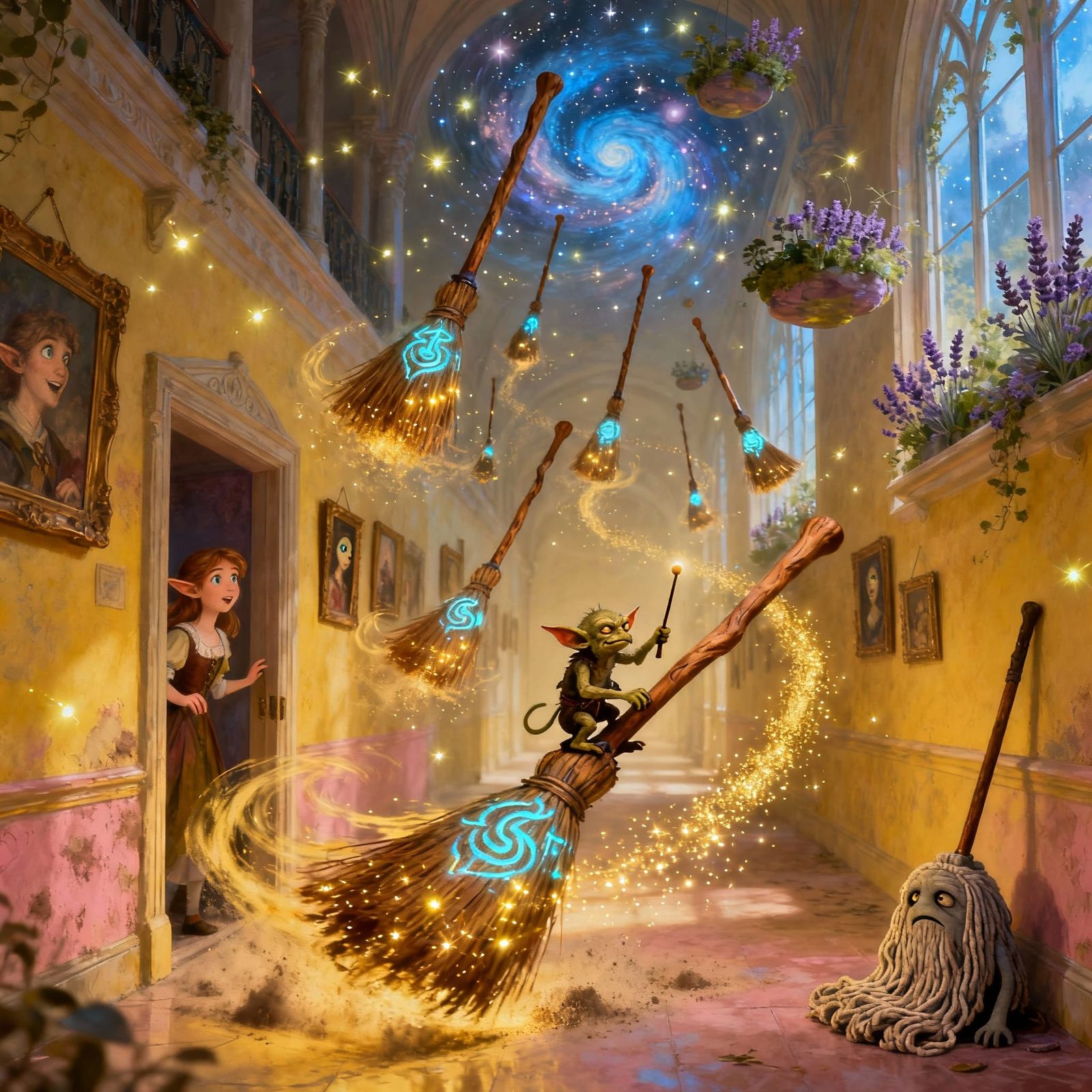 Enchanted Brooms Dance Through Silver Spire Halls