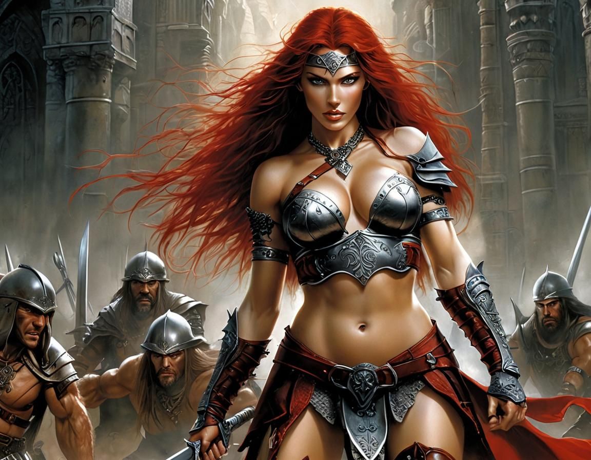 Red Sonja Battles Evil Sorcerer: Detailed Illustration