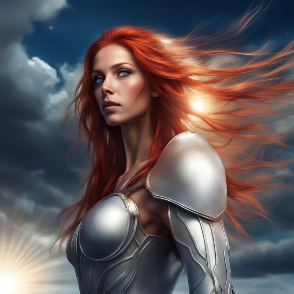 Muscular Woman with Red Hair Under Starry Sky
