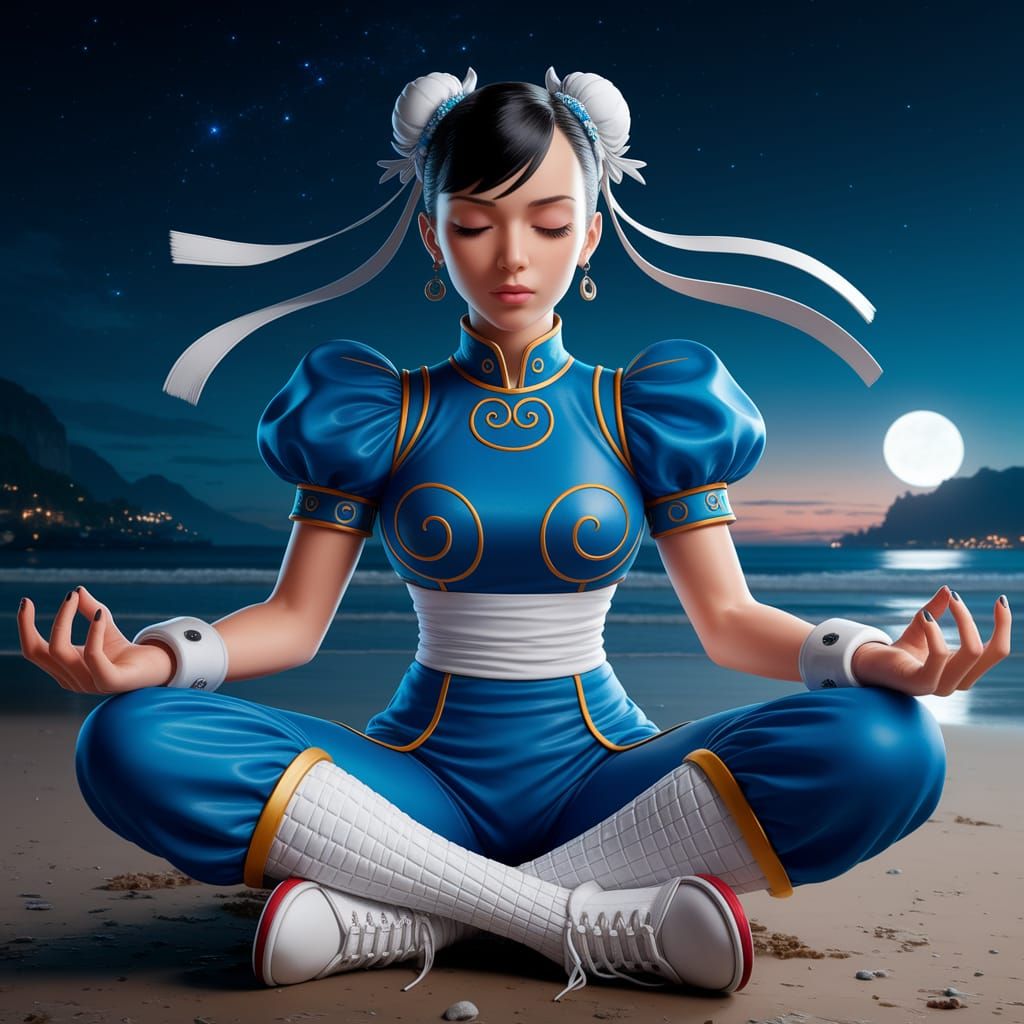 Chun-Li Meditating on a Night Beach, Anime Style
