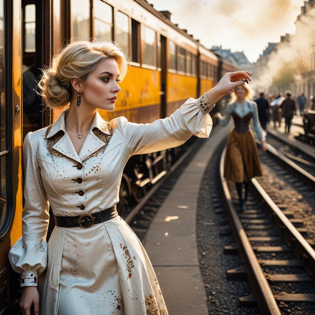 stunning woman, blond hair, vintage clothes, visiting Paris....
