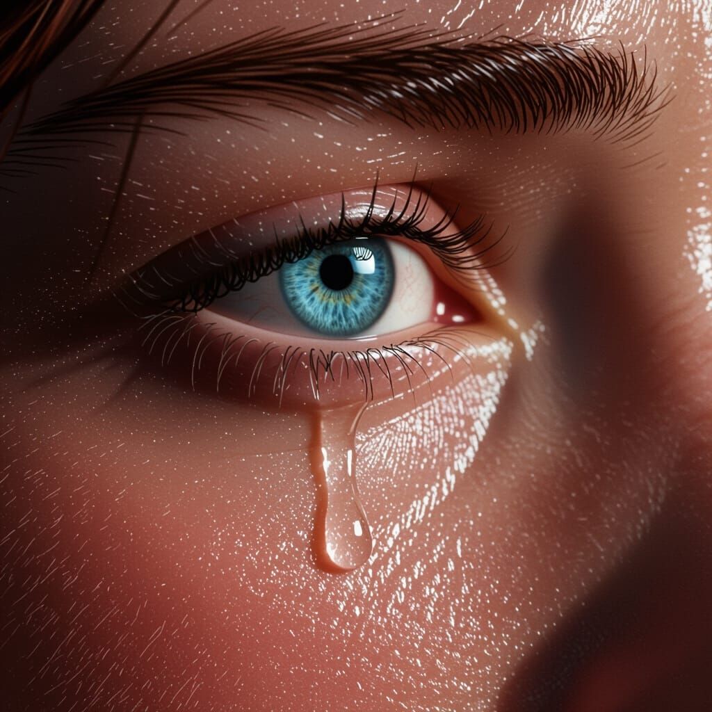 Hyperrealistic Blue Eye with Tear on Rosy Cheek