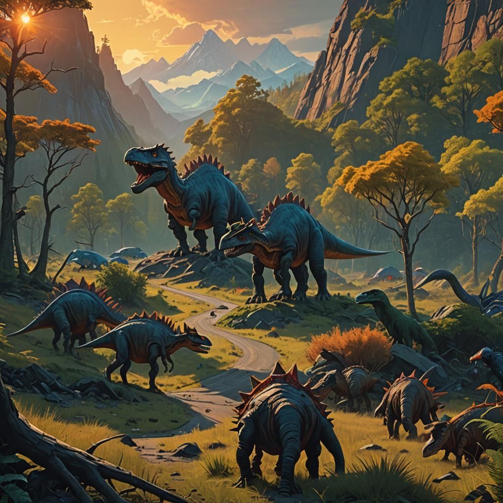 Dinosaurs Roam Prehistoric Landscape in Sci-Fi Style