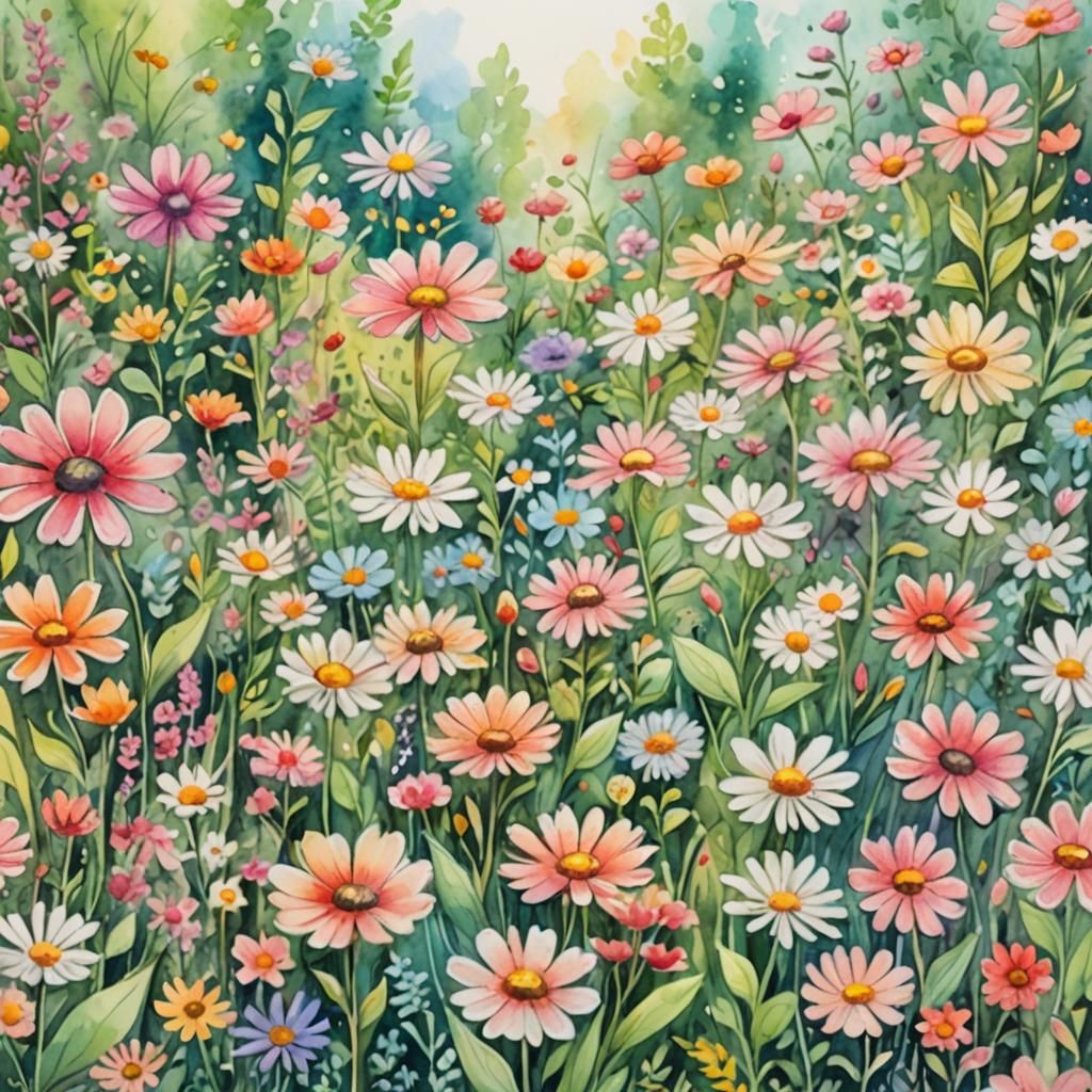 Colorful Flower Garden in Watercolor Sketch Style