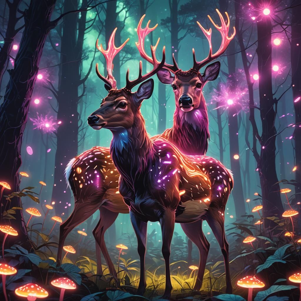 Neon Deer in Enchanted Synthwave Forest