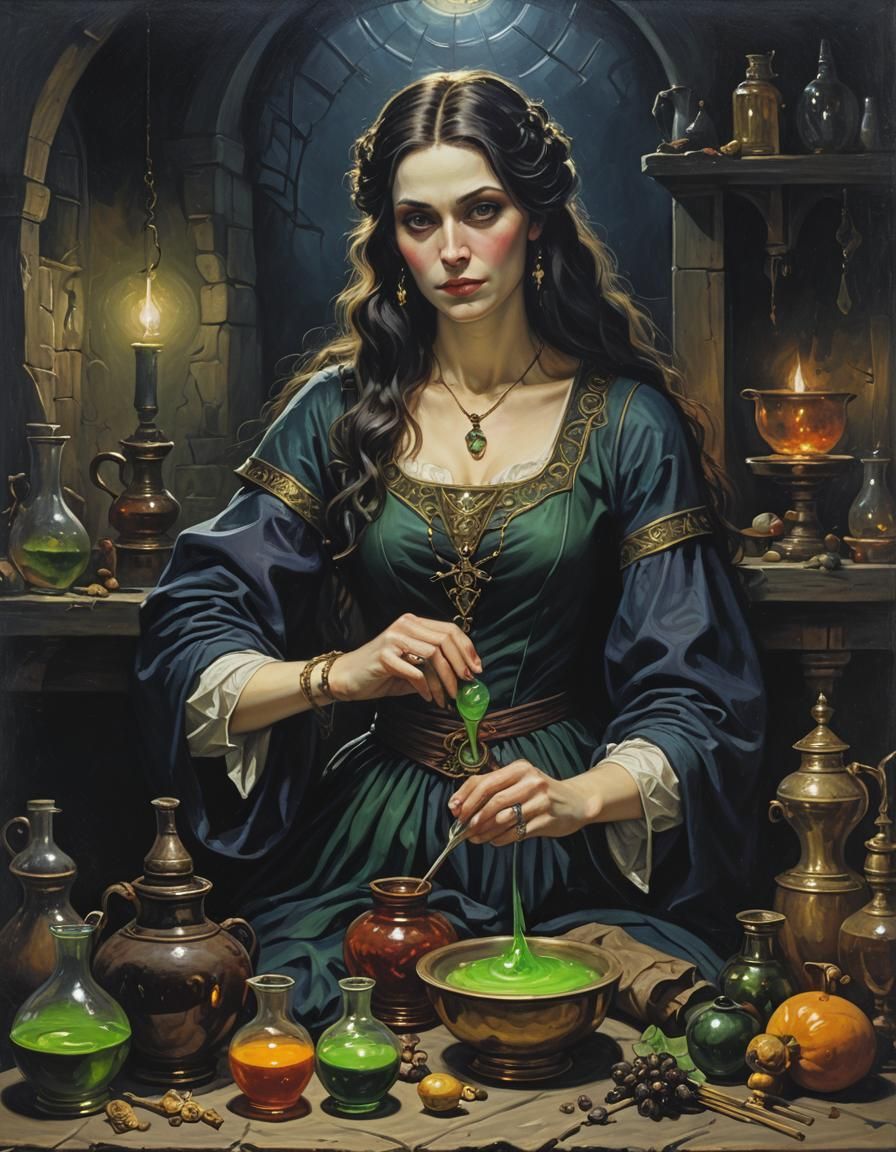 Morgan le Fay working on a potion at night, half body portrait, oil on canvas