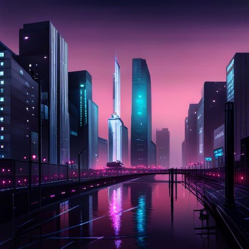 Cyberpunk Building at Rainy Night in Digital Painting Style