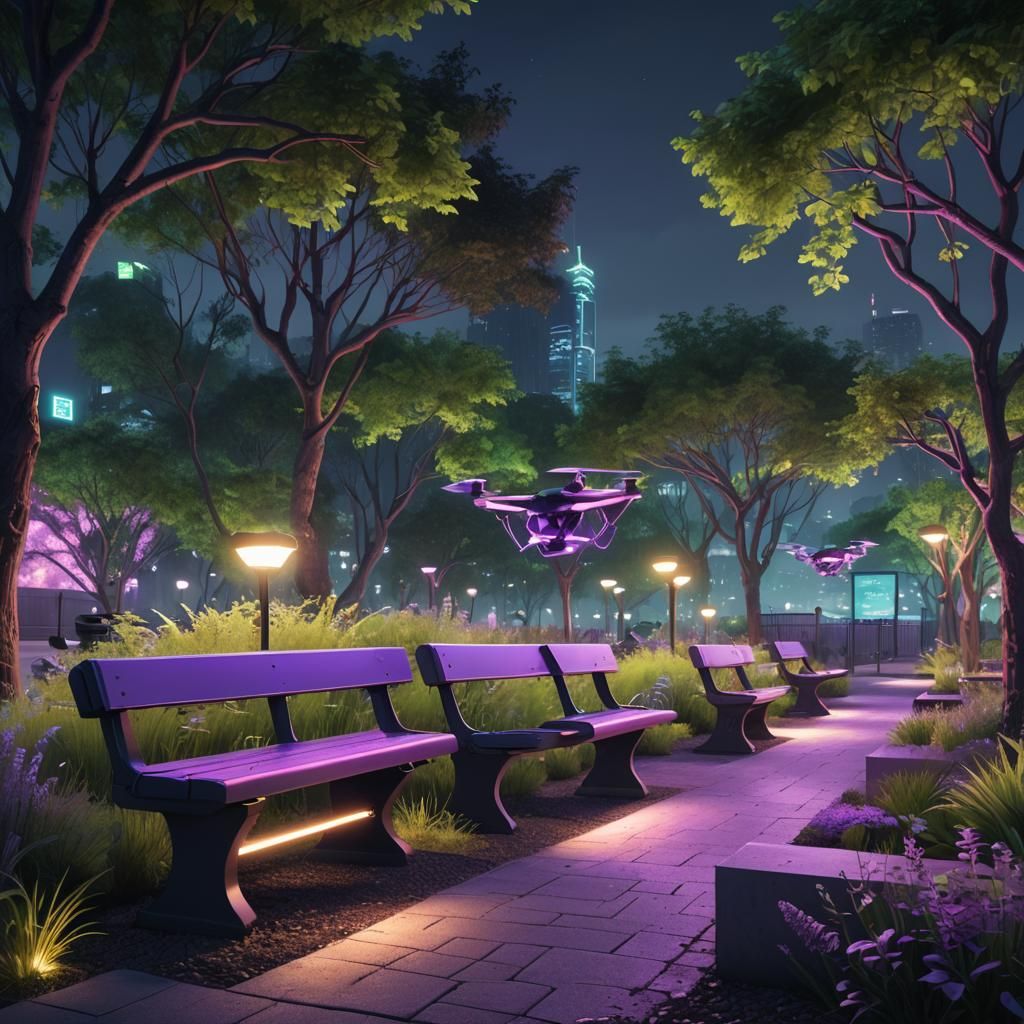 Futuristic Urban Park at Night: Matte Painting