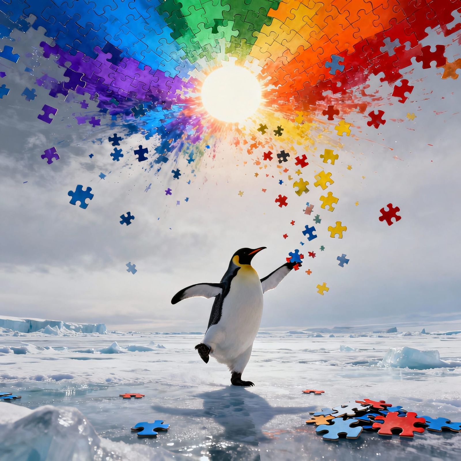 Penguin Dances Under Exploding Rainbow Puzzle Sun