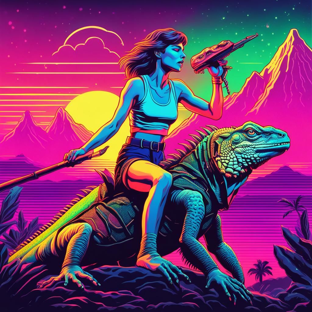 Woman Riding Iguana Crying Gold Tears