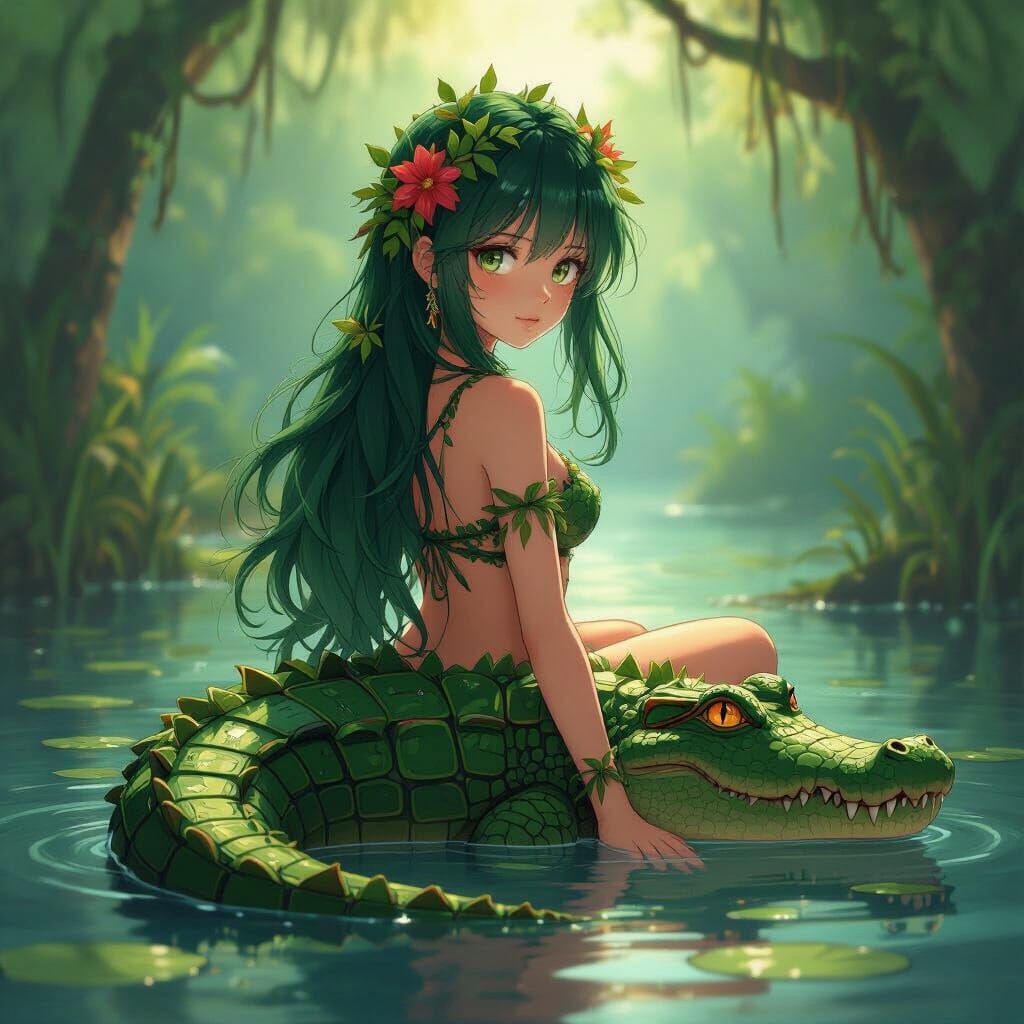 Whimsical Swamp Girl with Crocodile Tail in Ghibli Anime Sty...
