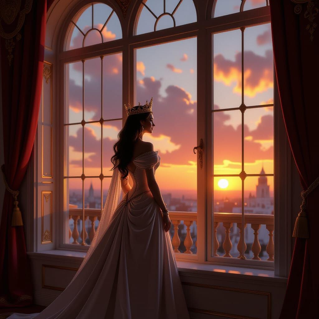 Queen Gazes Contentedly from Palace Window at Sunset