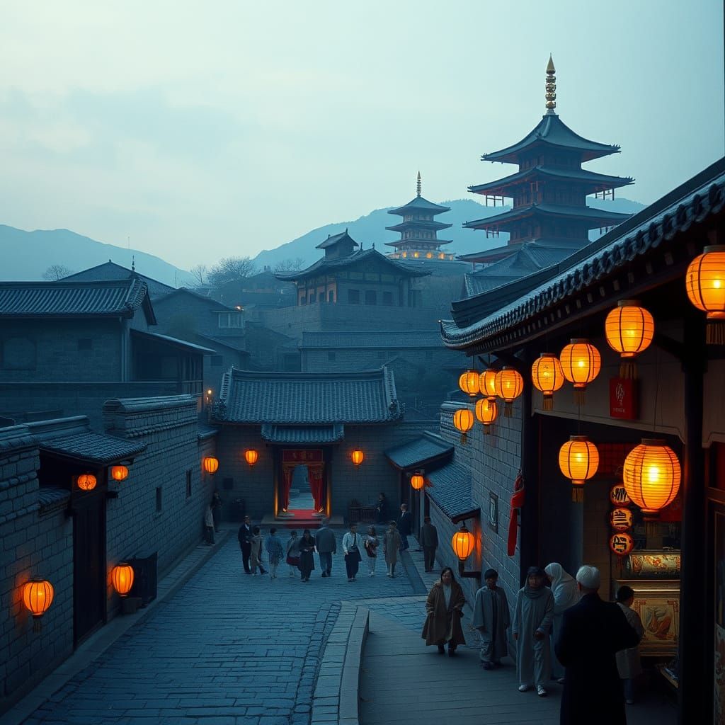 Korean Walled City Festival with Glowing Lanterns