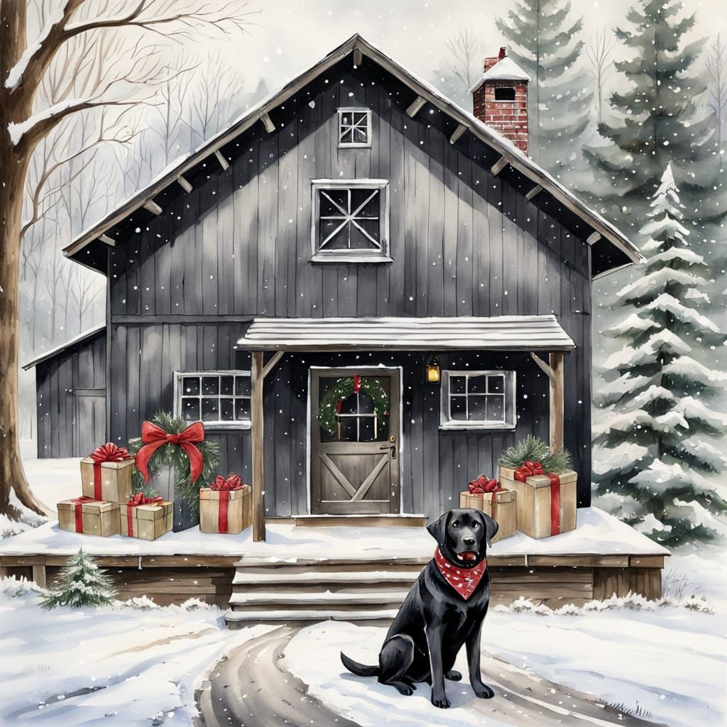 Rustic Christmas Scene with Black Labrador