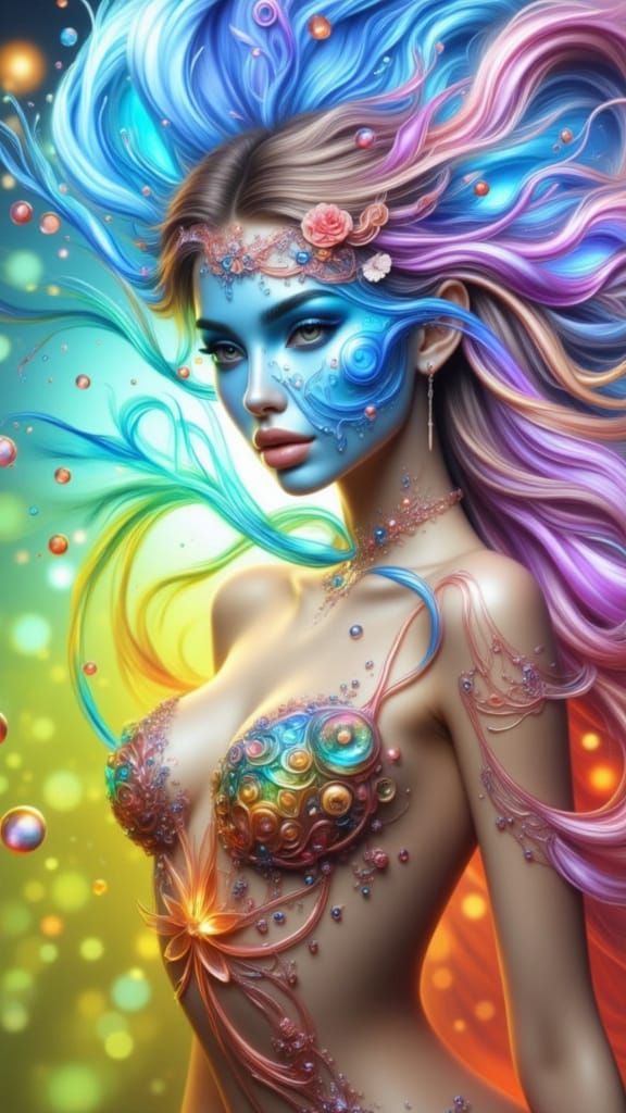 Dreamy Goddess in Art Nouveau Style with Iridescent Hair and...