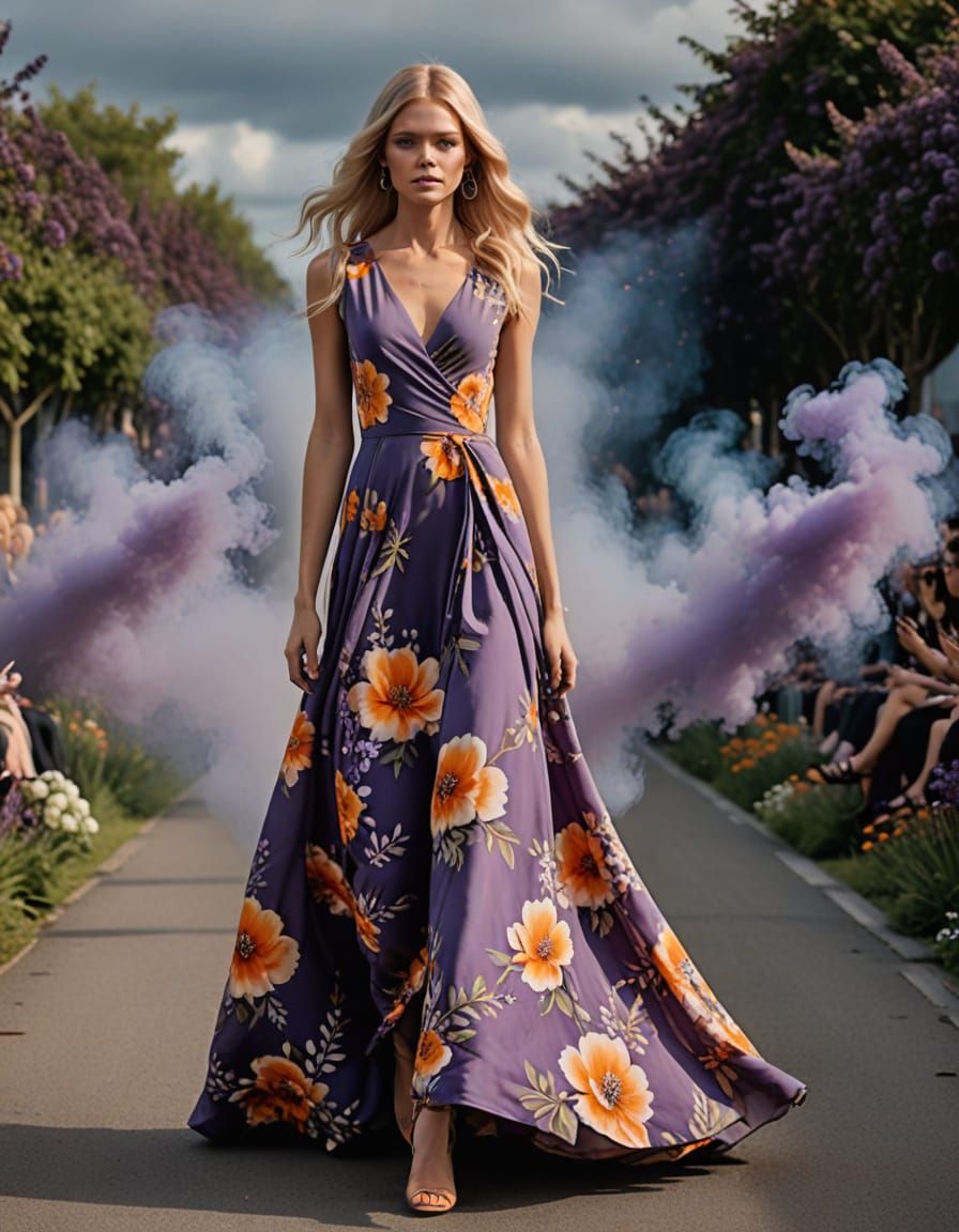 Serene Scandinavian Model on the Runway in a Vibrant Floral ...