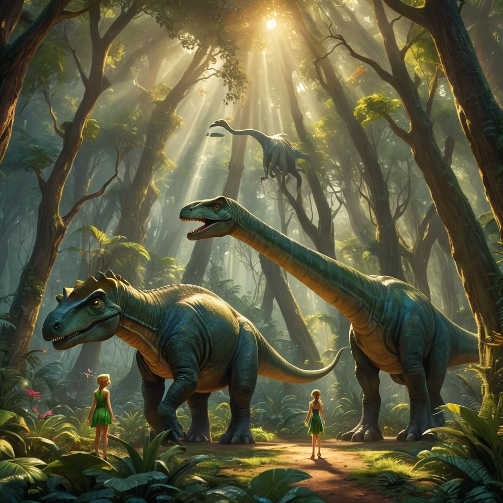 Tinker Bell Meets a Majestic Brachiosaurus in Lush, Vibrant....