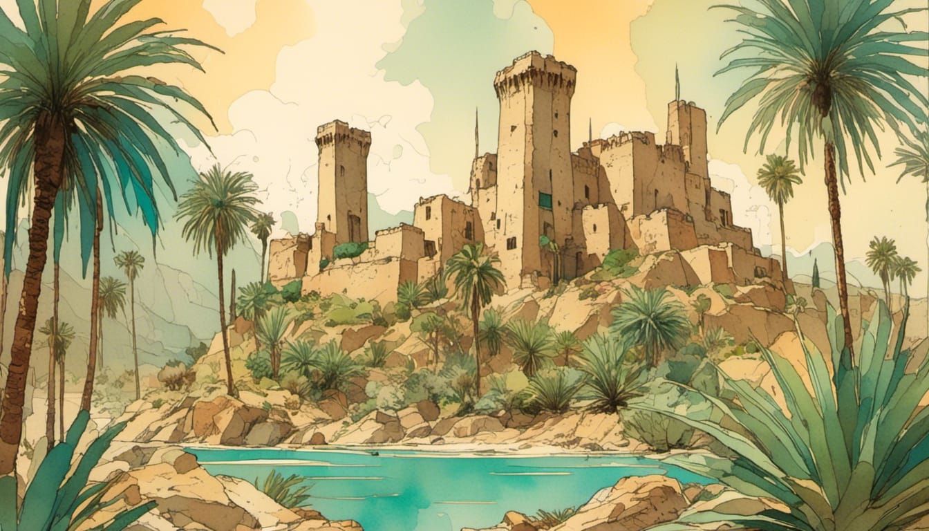 North African Fort Oasis in Retro Illustration Style