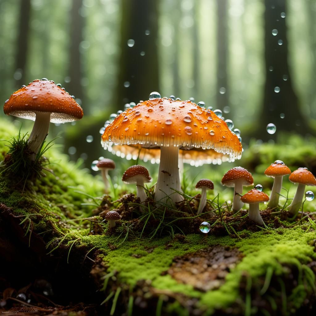 Crystal Mushroom Macro: Hyperrealistic Forest Scene