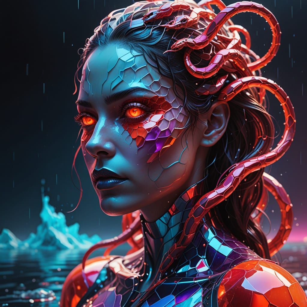 Cyborg with Snake Hair in Bright Surrealism Style