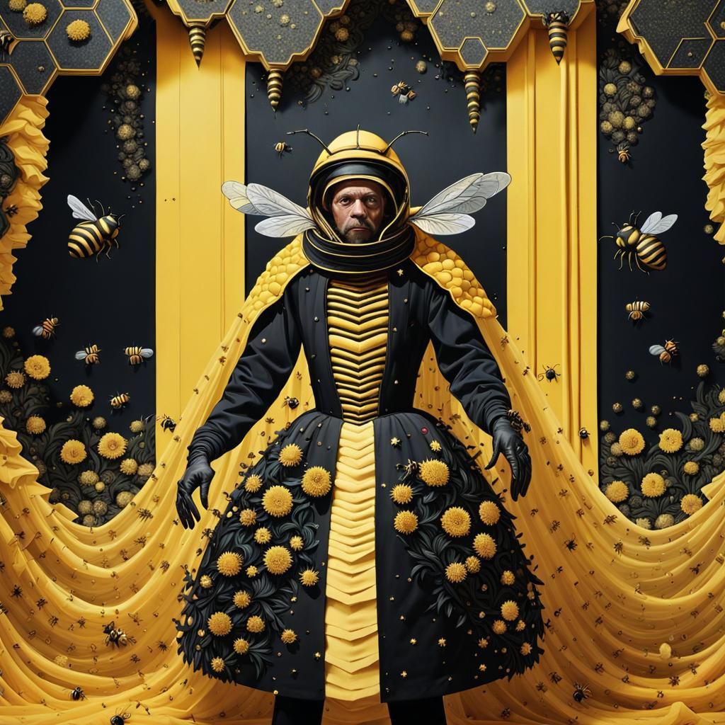 Anxious Man in Bee Costume in Black and Yellow Hive Palace