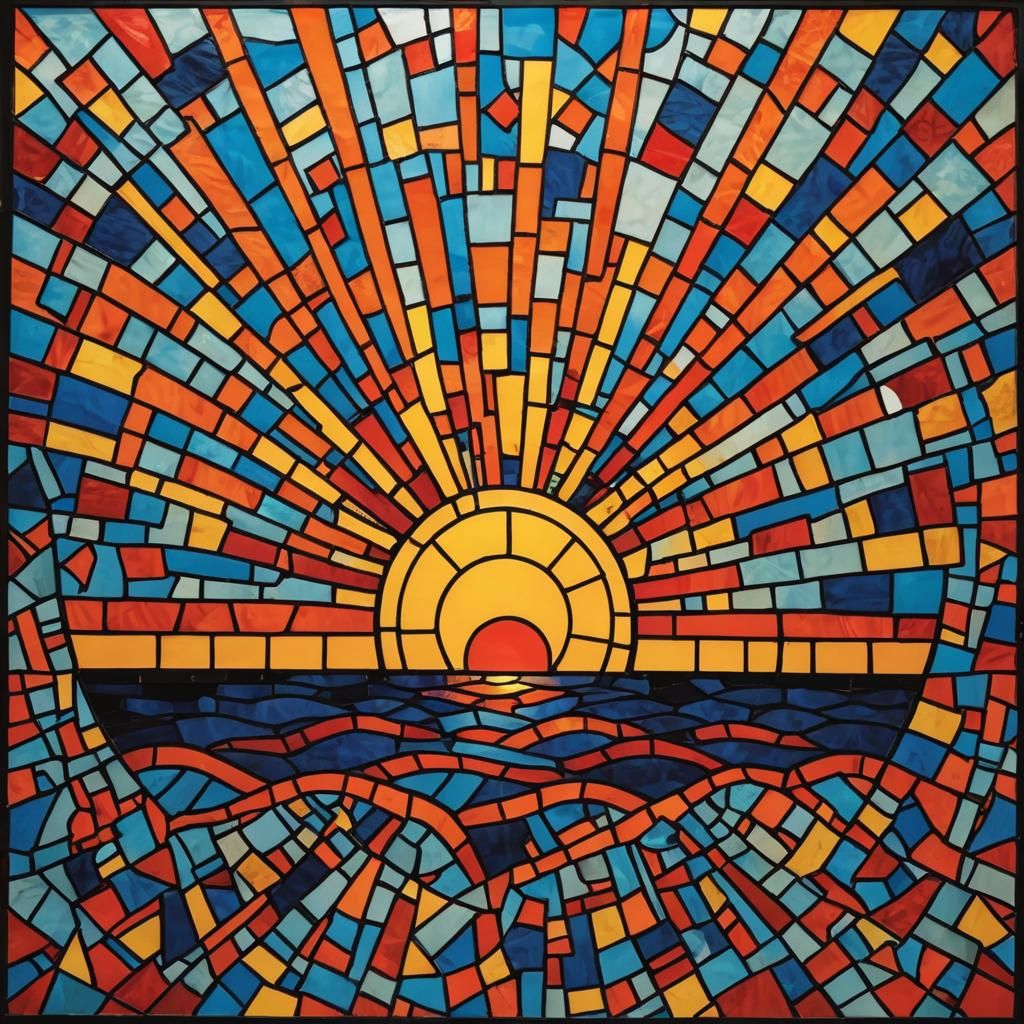 Vibrant Shattered Mosaic Sunset in Pop Art Style