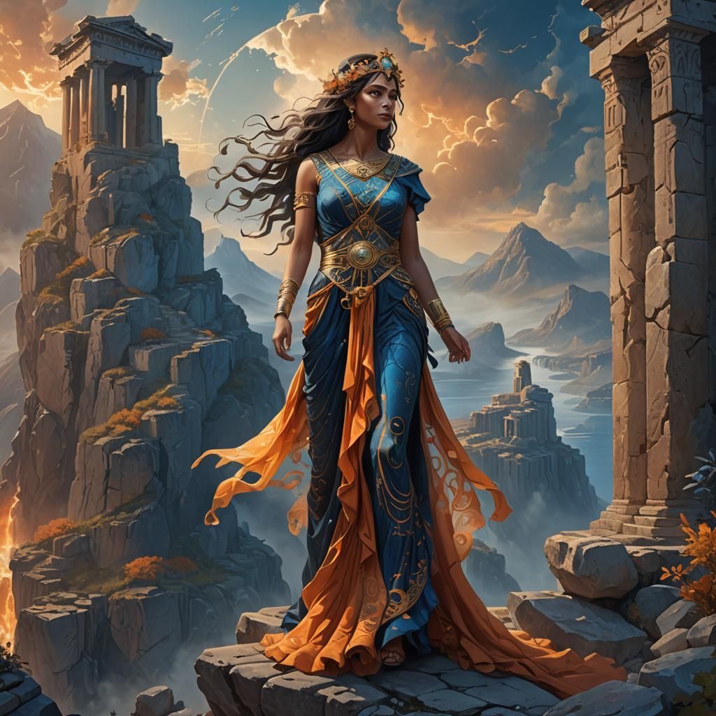 Mnemosyne Goddess in Ancient Ruins: Fantasy Concept Art