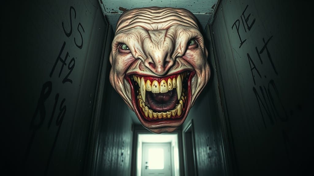 Grotesque Grinning Face in Derelict Hotel