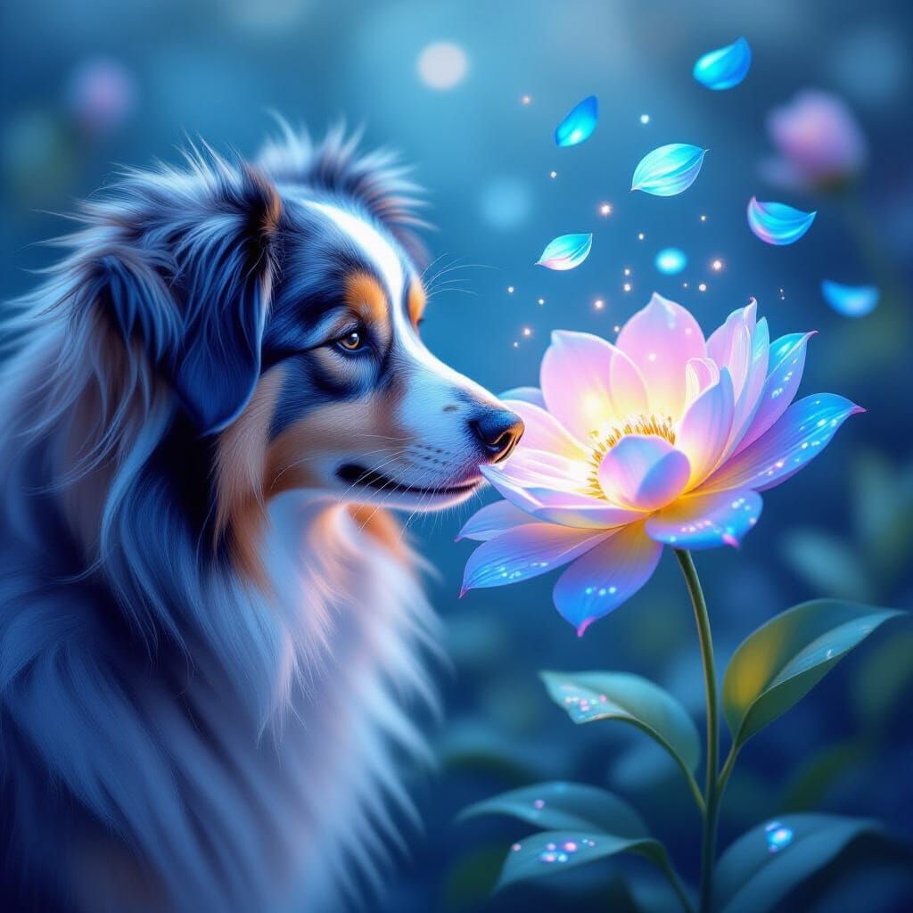Dog Sniffing Glowing Rainbow Flower, Painterly Style