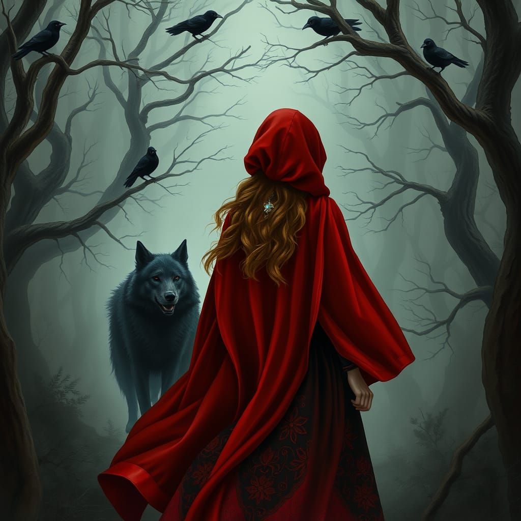 Gothic Red Riding Hood Walks Through a Dark, Mystical Forest