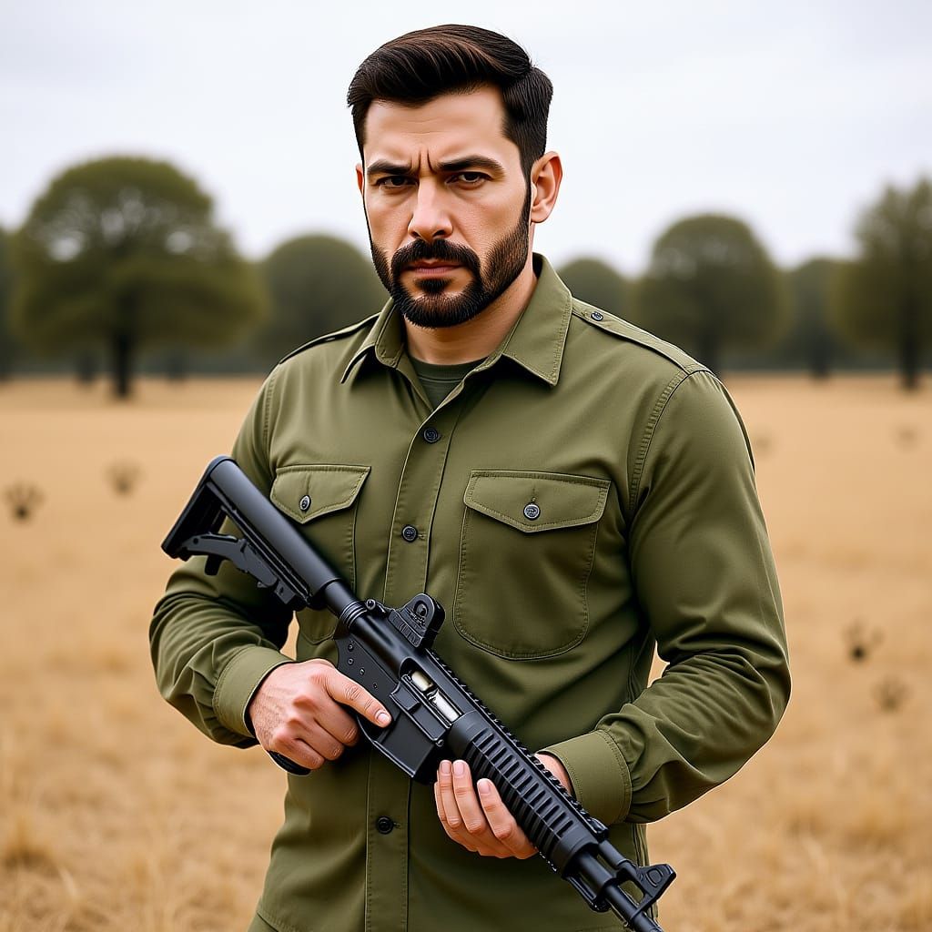 Serious Man with Handgun in Field: Professional Photograph