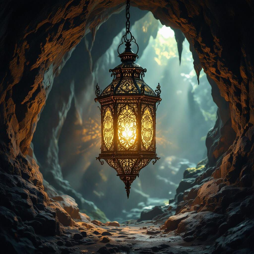 Antique Gold Lantern Illuminates Mysterious Cavern