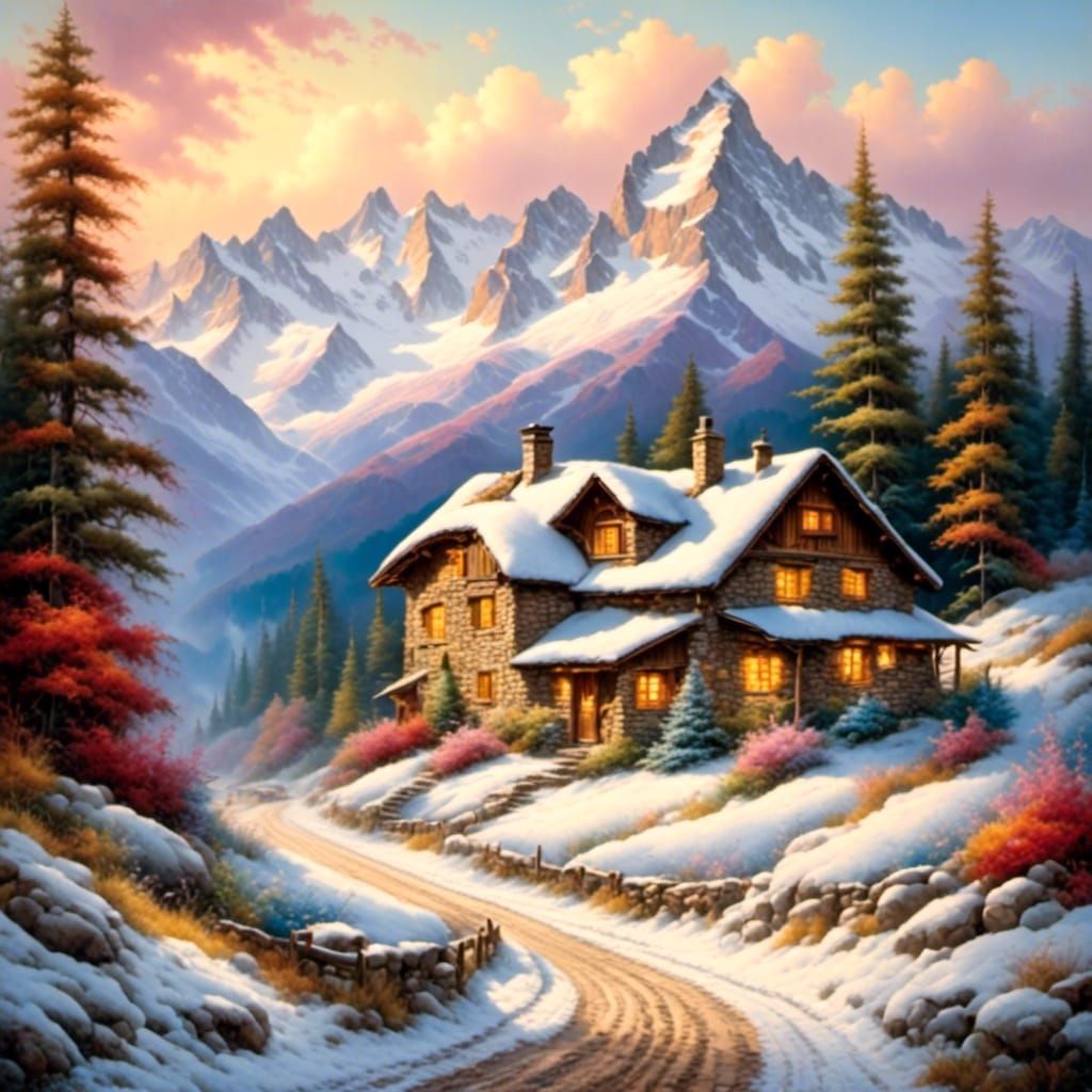 Swiss Alps Landscape with Stone Cabin as Impasto Painting