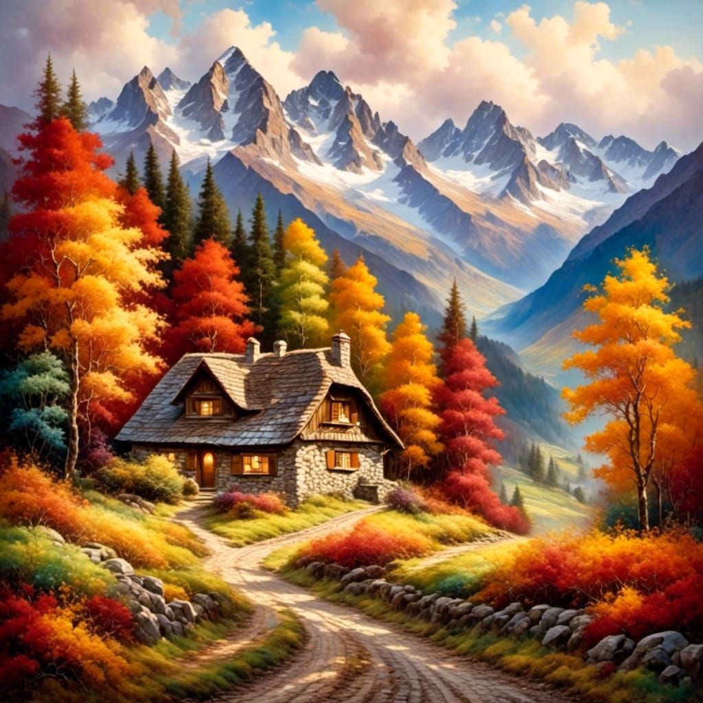 Swiss Alps Landscape with Stone Cabin