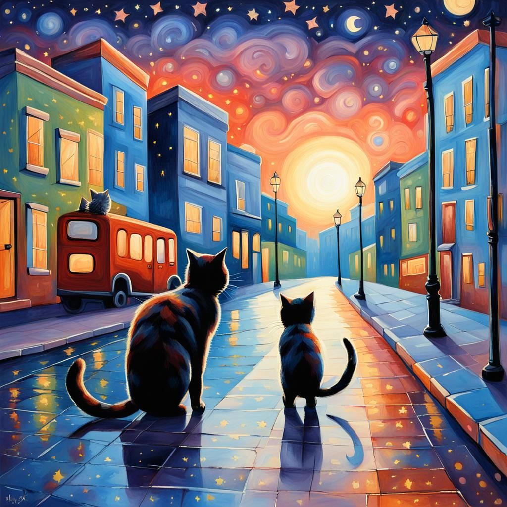 Cats in City Twilight: A Whimsical Artwork