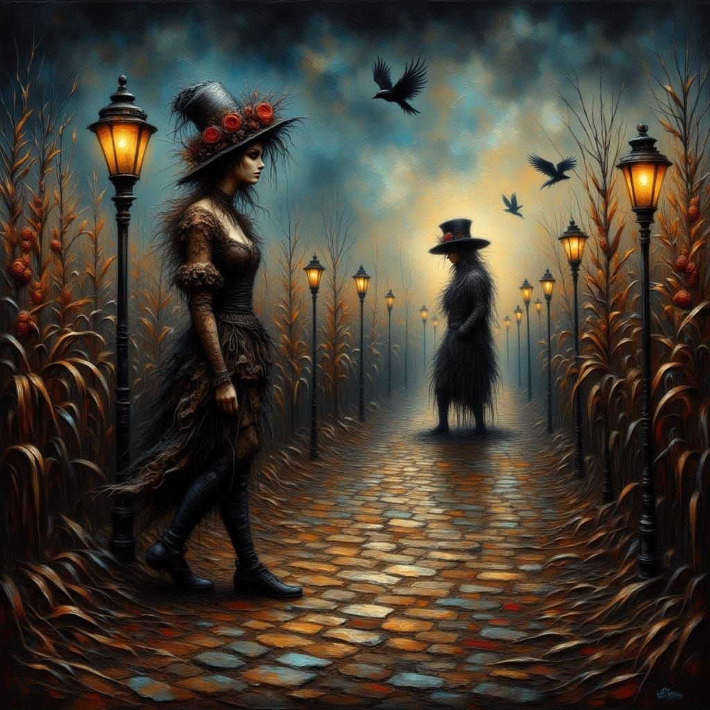 Spooky Scarecrows on Cobblestone Path