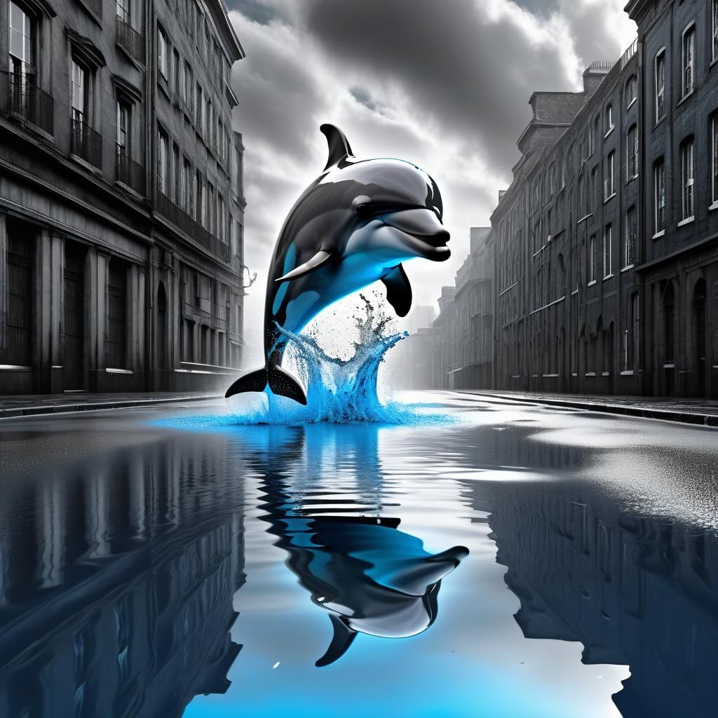 Blue Dolphin Leaps in Grayscale Ghetto