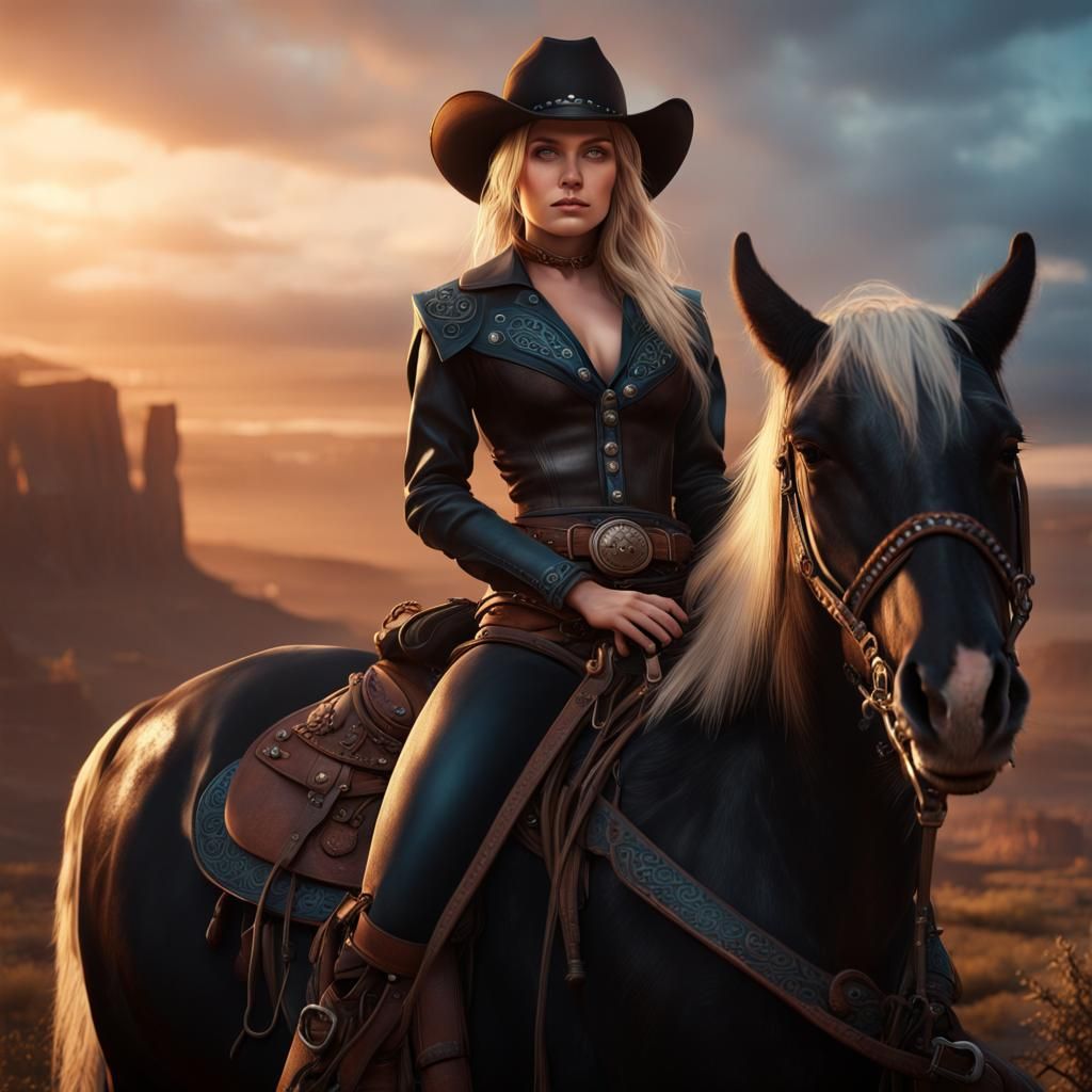 Wild West Girl on Horseback at Sunset
