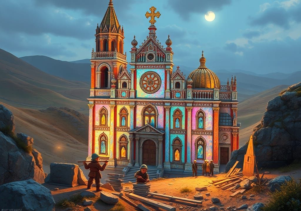 Iridescent Cathedral Construction in Dreamlike Setting