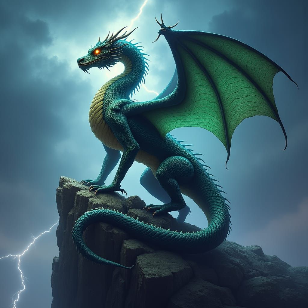 Regal Dragon on Granite Cliff in Twilight Sky