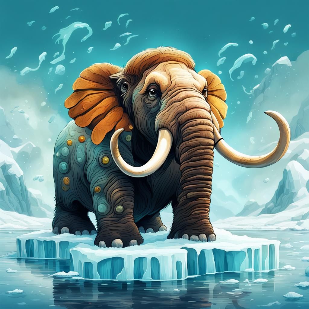 Baby Mammoth on Ice Floe, Epic Mixed Media Art