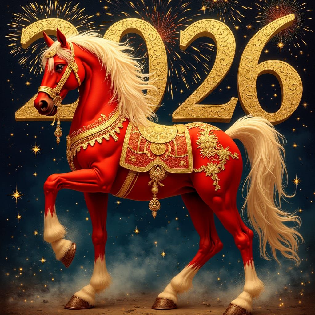Golden Red Horse Celebrates New Year 2026 with Fireworks
