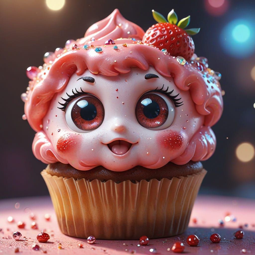 Happy Strawberry Cupcake in 3D Anime Art