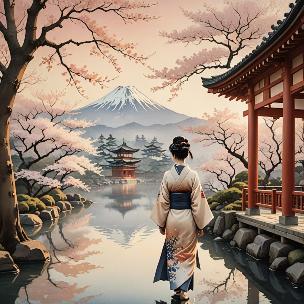 Ethereal Silkpunk Goddess Among Cherry Blossoms