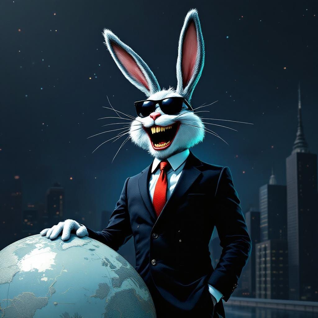 Laughing Bunny Plotting World Domination in Dystopian Future