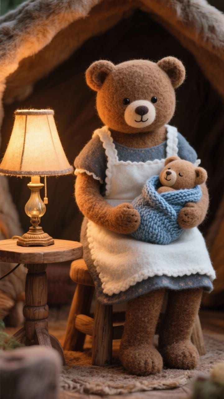 Cute Felt Bears in Cozy Den with Warm Lamp