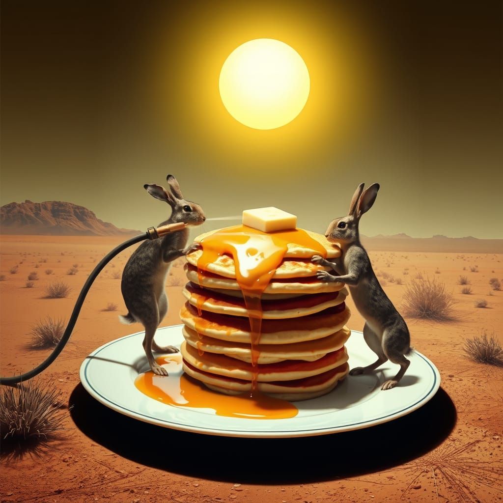 Surreal Desert Breakfast Scene in Melting Sunlight