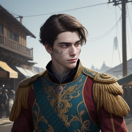 Confident Nobleman in Vibrant Market Scene, in Cyberpunk Sty...